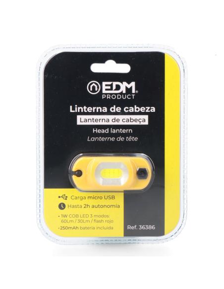 Linterna de cabeza frontal recargable 1 led cob 1w 3,7v 250mah edm 8425998363869 36386 EDM