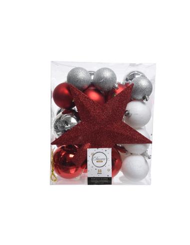 Caja de 33 accesorios para arbol plata, rojo y blanco mate 8719152754083 72209 DECORIS
