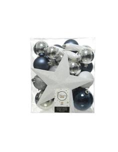 Caja de 33 accesorios para arbol azul, blanco y plata 8719152493654 72212 DECORIS