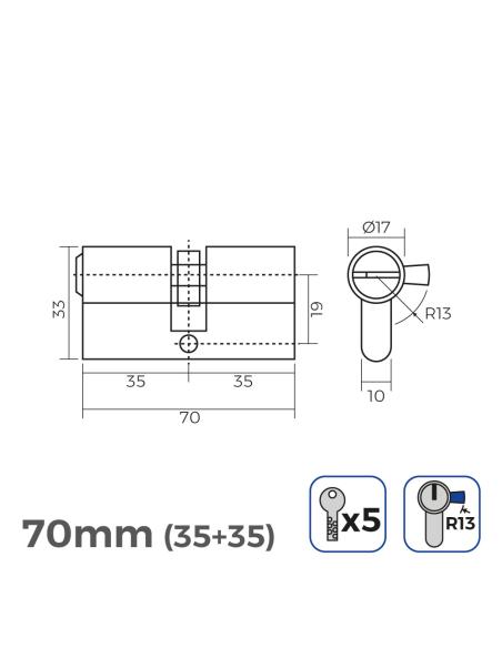 Bombin de laton 70mm (35+35mm) leva corta r13 con 5 llaves de seguridad incluidas edm 8425998851892 85189 EDM