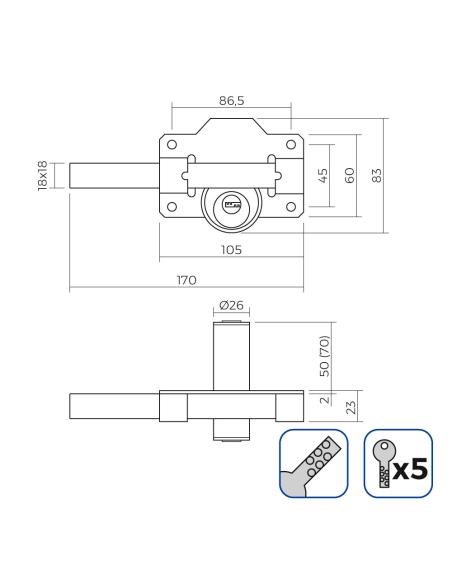 Cerrojo de seguridad color níquel incluye 5 llaves de seguridad edm 8425998851915 85191 EDM