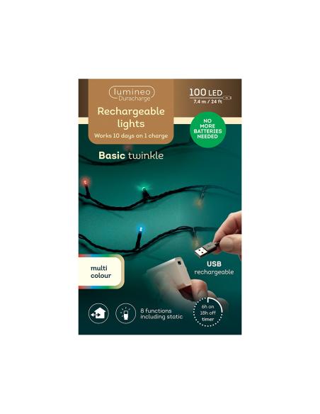 Guirnalda led multifunción con bateria 100 leds multicolor con cable negro exterior 7,4 m 8720725223943 72738 LUMINEO