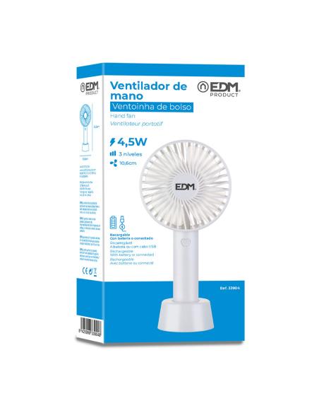 Ventilador de mano, recargable. 4,5w aspas ø10,6x21,3cm edm 8425998339048 33904 EDM