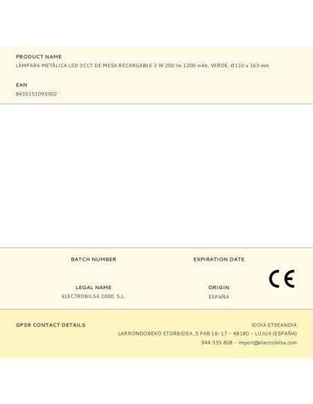 Lámpara metálica led 3cct de mesa recargable 2 w 200 lm, verde, ø110 x 163 mm 8435151095902 30076 FBRIGHT