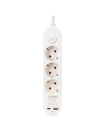Prolongador con 3 tomas 2p+t schuko, con interruptor, 2 usb a + c, 16 a 250 v, cable h05vv-f, 3g1,5mm² de 1,5 m, blanco 84259984