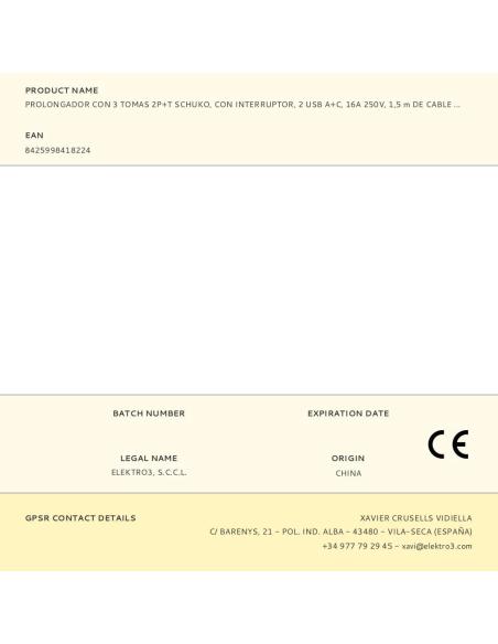 Prolongador con 3 tomas 2p+t schuko, con interruptor, 2 usb a + c, 16 a 250 v, cable h05vv-f, 3g1,5mm² de 1,5 m, blanco 84259984