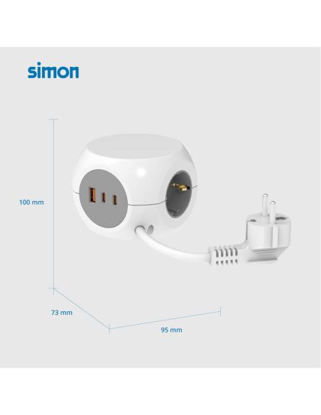 Base múltiple combiball con 3 tomas schuko 16 a + 1 usb a + 2 usb c, 30 w, blanca 8412852983554 41038 SIMON