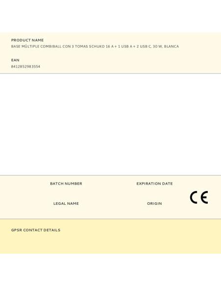 Base múltiple combiball con 3 tomas schuko 16 a + 1 usb a + 2 usb c, 30 w, blanca 8412852983554 41038 SIMON