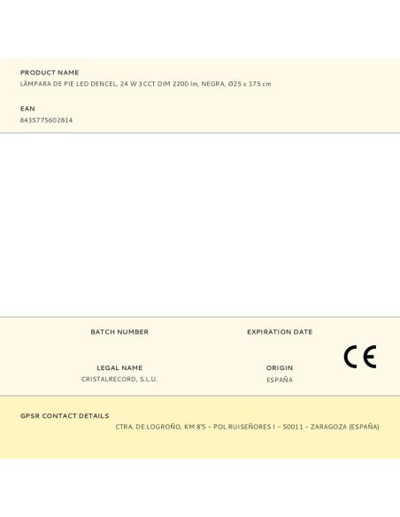 Lámpara de pie led dencel, 24 w, 3cct, dim, 2200 lm, negra, ø25 x 175 cm 8435775602814 30218 CRISTALRECORD