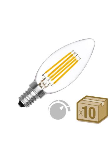 Pack 10 x Bombilla Filamento LED Vela E14 COB 6W, Regulable