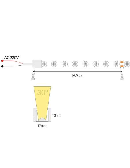 Tira LED 220V WALL WASHER 30º, 16*20mm, 10 metros, IP67, 25cm corte