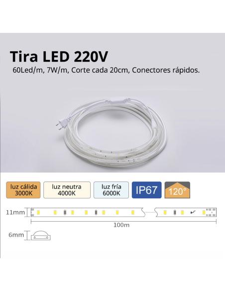 Tira LED 220V SMD2835, 60Led/m, 1 metro con conectores rápidos, 20cm corte