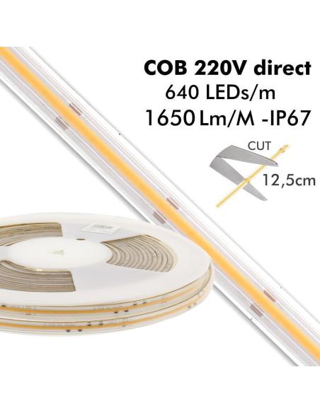 Tira LED 220V COB, 640Led/m, 15W/m, 12,5cm corte, 10 metros. Regulable Triac
