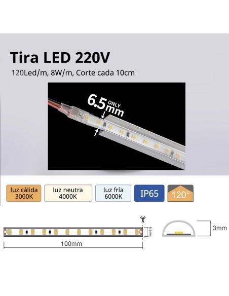 Tira LED 220V Super Slim SMD2835, 120Led/m, Triac regulable, corte 10cm, carrete 50 metros