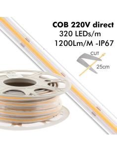 Tira LED 220V COB, 320Led/m, 12W/m, 25cm corte, 1 metro. Regulable Triac 2