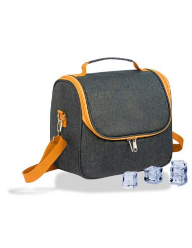 Nevera tipo bolsa 9 l diseño tejana gris con ribete y correa naranja, 26 x 15 x 25 cm 8421531011501 73283 COOLERBAG